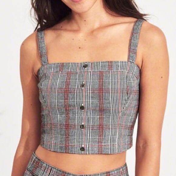Hollister square neck button front plaid crop top ruched goth punk women’s small - Picture 1 of 13